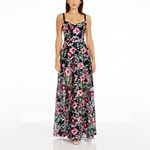 $498 NWT Dress the Population “Nina” Floral Maxi Dress in Black Sz Small